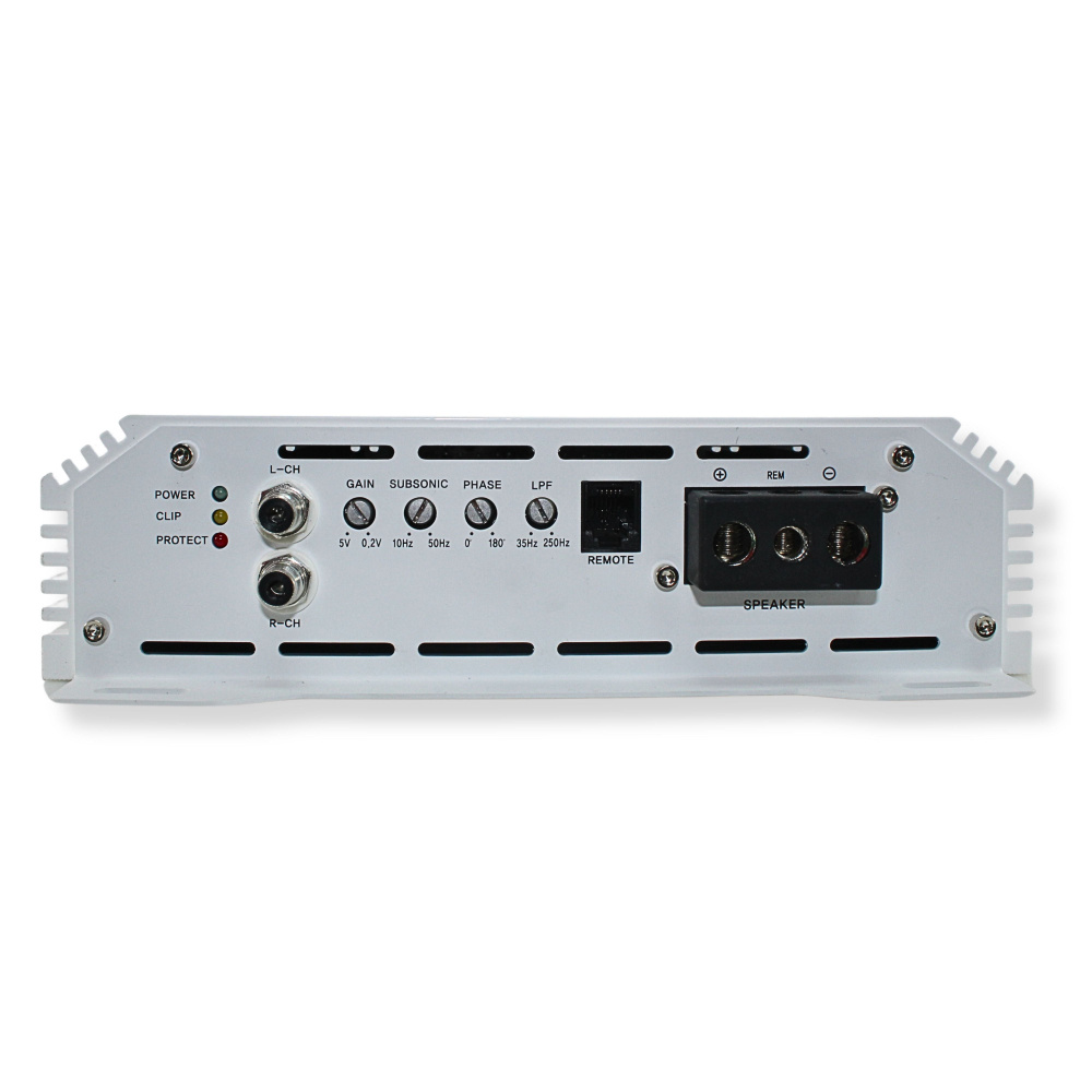 Monoblock förstärkare med flera inställningar och anslutningar för ljudsystem.