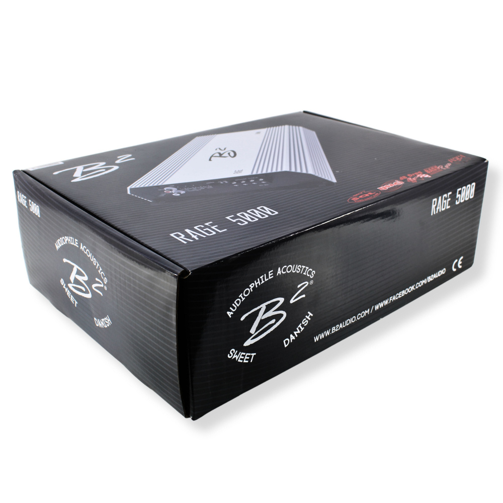 Förpackning av B² Audio RAGE 5000, smart monoblock, svart och silver design.