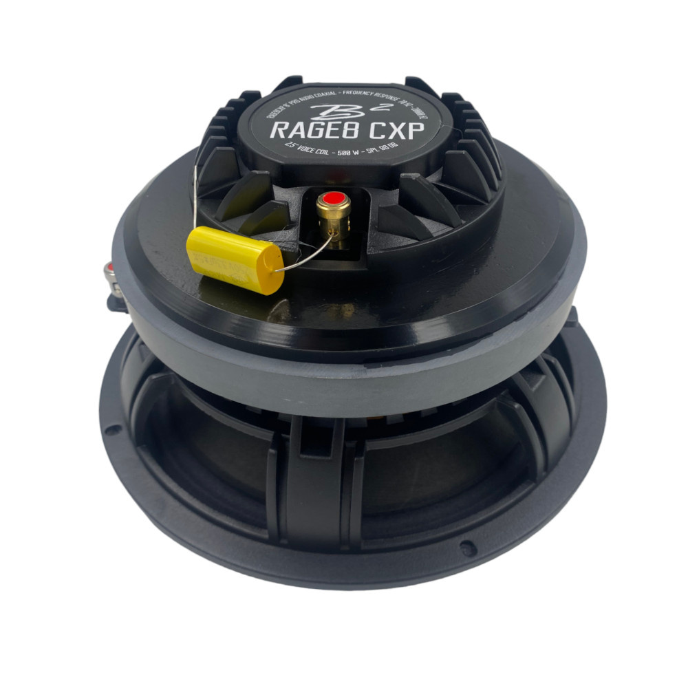 Högtalare med en 8-tums bas, svart design och SPL-koaxialsystem.