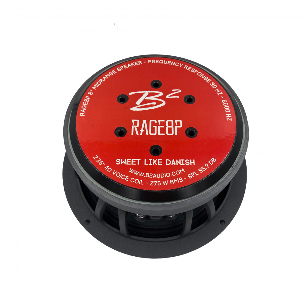 Produktbild av B² audio RAGE8P, en 8” midbas högtalare. Röd topp med svart chassi.