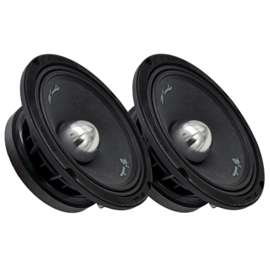 Två 8-tums midbas högtalare med metallkon och svart ram.