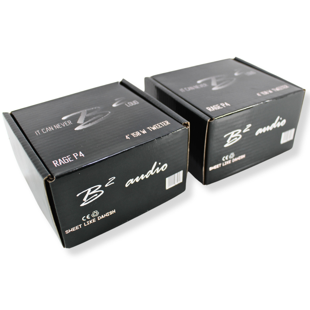 Två svarta förpackningar för B² Audio RAGE P4 horndiskant.