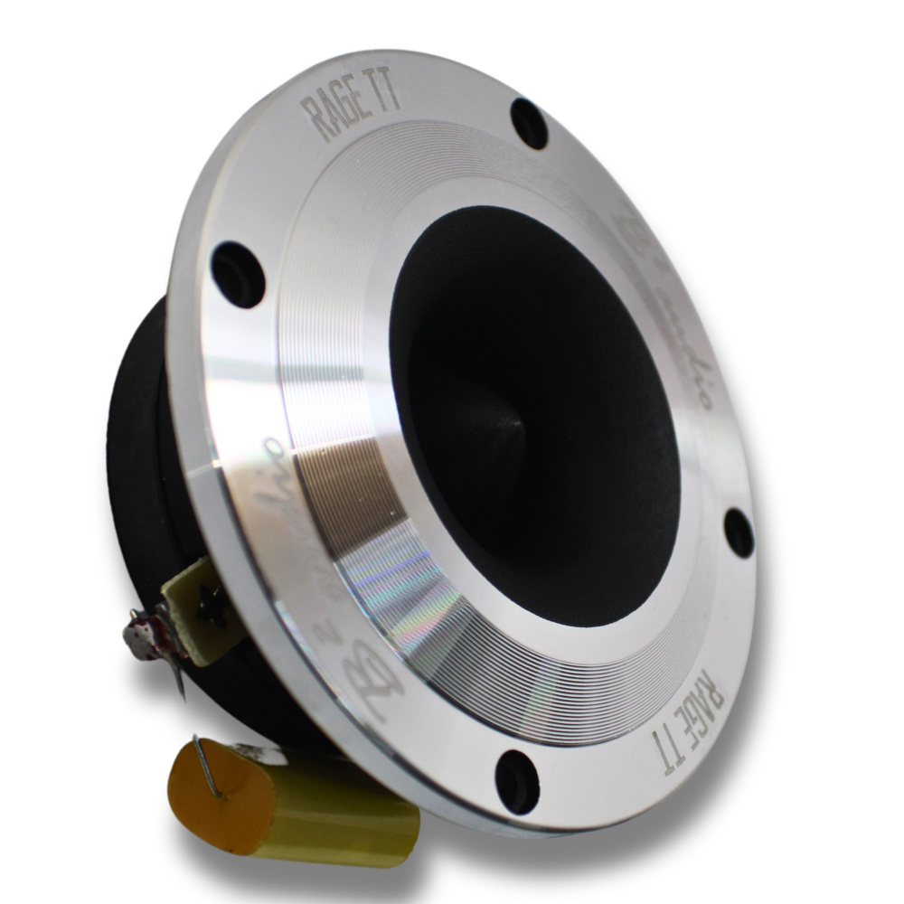 En högtalare med metallisk ring och svart kon, märkt B2 Audio RAGE TT.