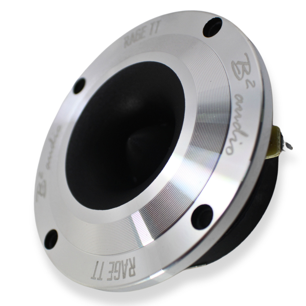 En rund diskant med metallram och svart mittpunkt, märkt B2 Audio RAGE TT.