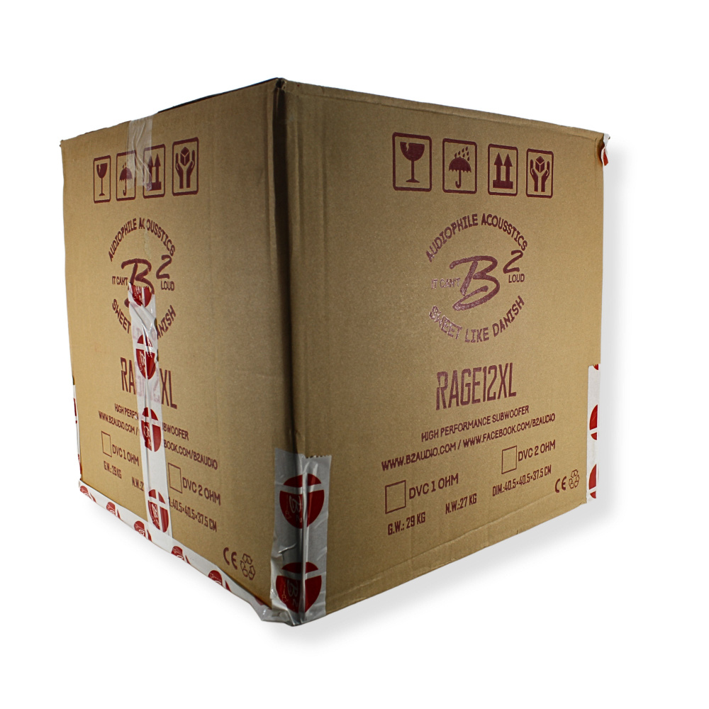 Förpackning för B² Audio RAGE XL 12D1 V2 baslåda.