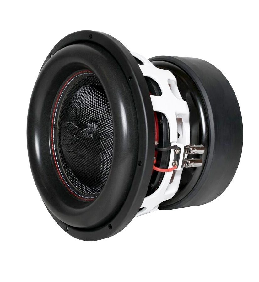 Subwoofer med robust design och stor chassistorlek för kraftfull ljudåtergivning.