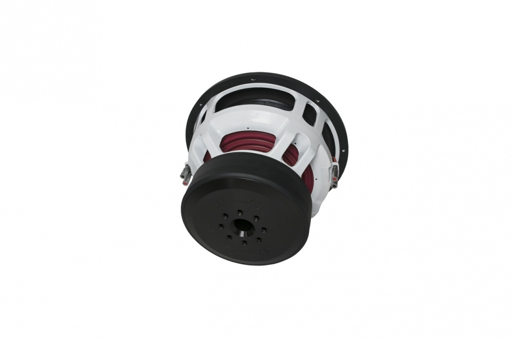 En stor subwoofer med vit ram och röd spole.