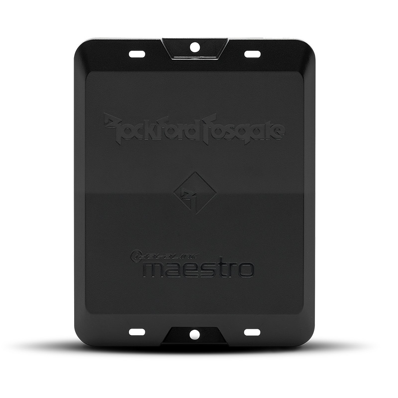 Ljudprocessor i svart med loggor från Rockford Fosgate och Maestro.