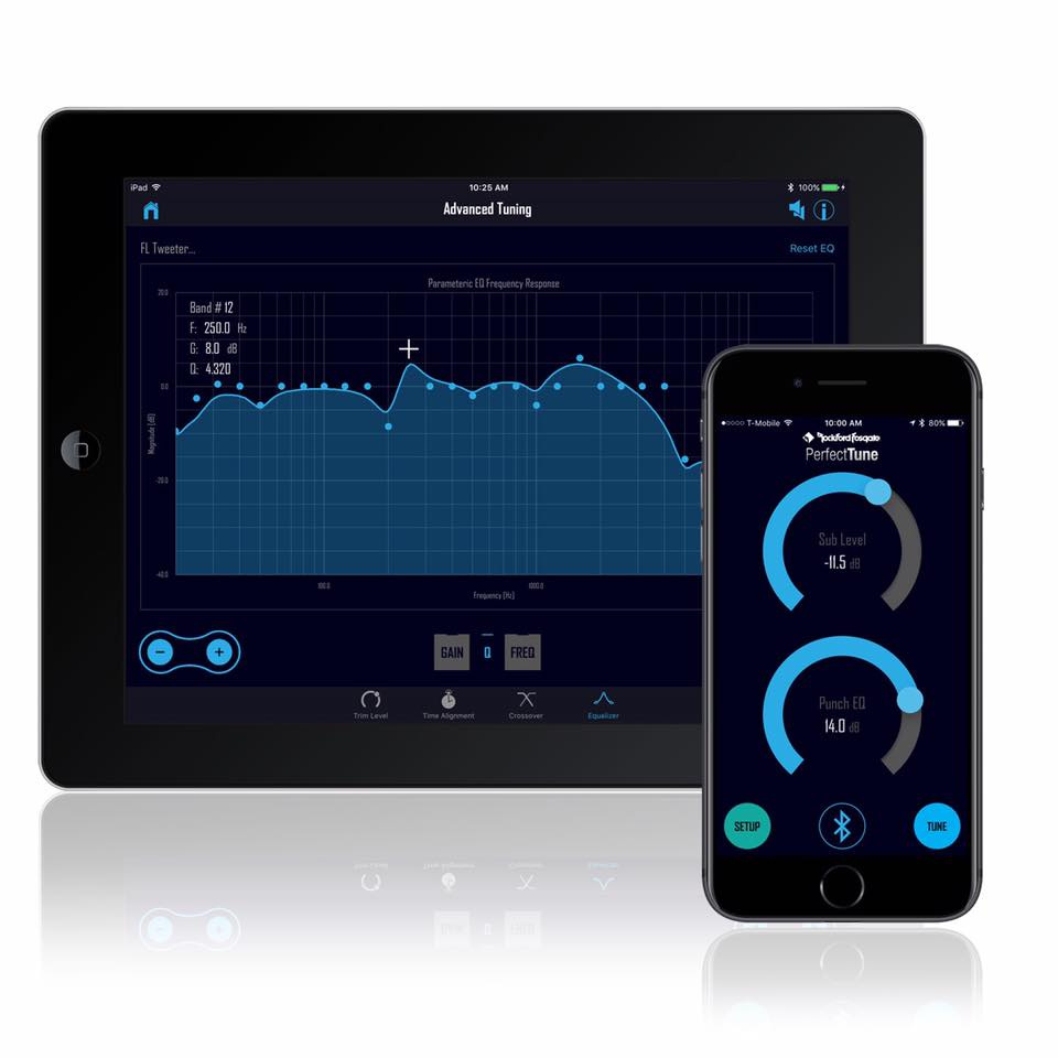 Visar en app för ljudinställning med grafiska frekvenskurvor och kontroller.