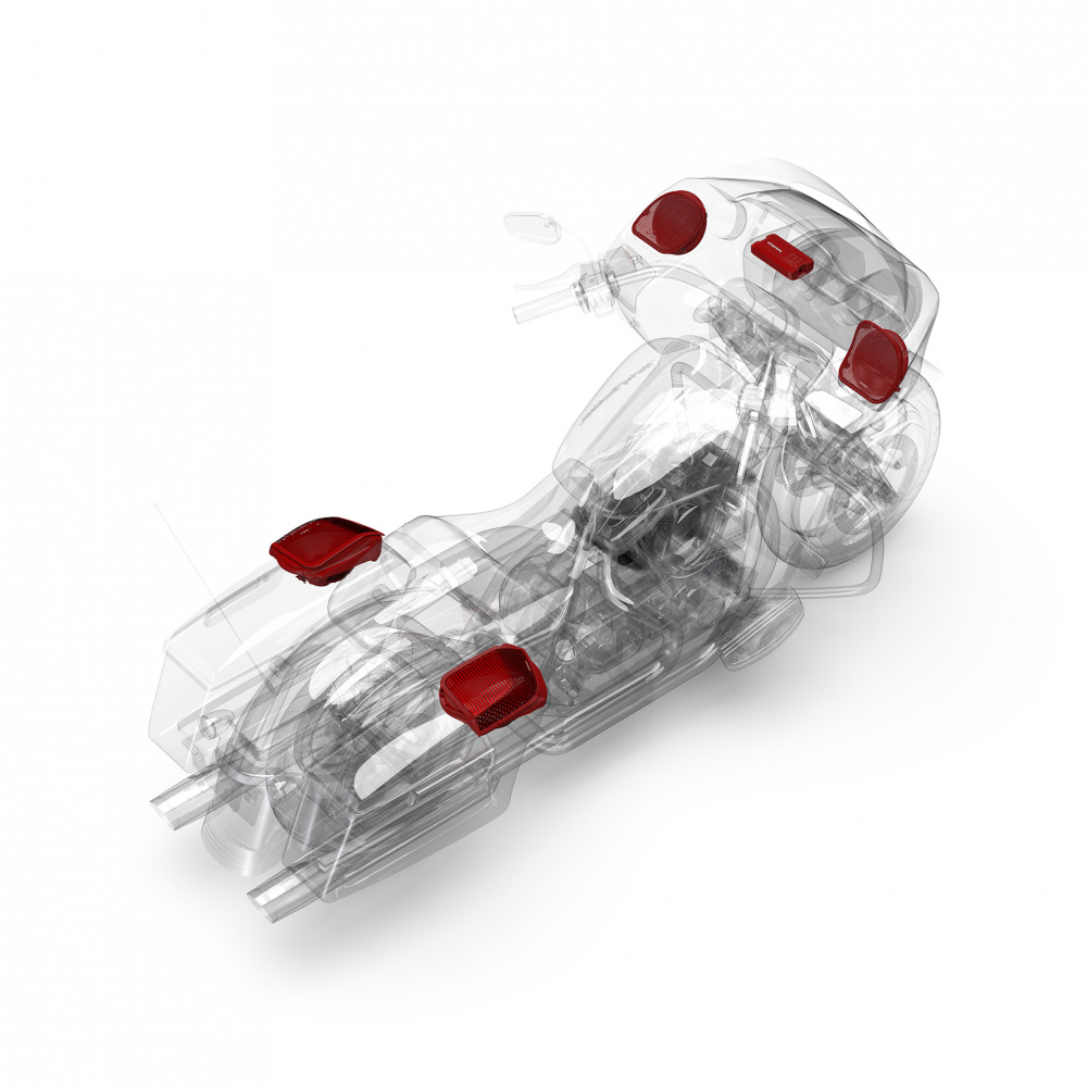 En genomskinlig modell av motorcykel med ljudsystem och tillbehör.