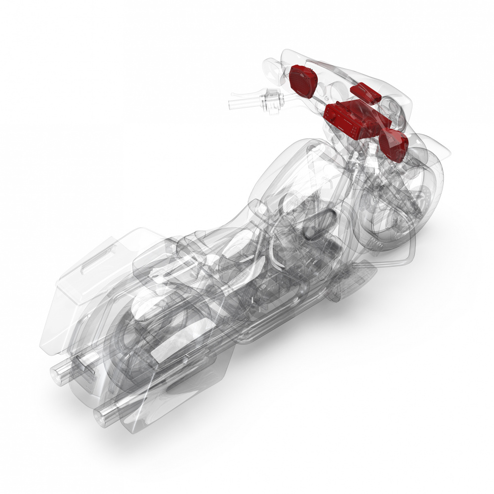 En genomskinlig modell av en motorcykel med röda detaljer.