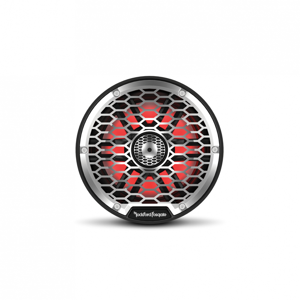 Svart marinhögtalare med galler, röd belysning och logotyp.