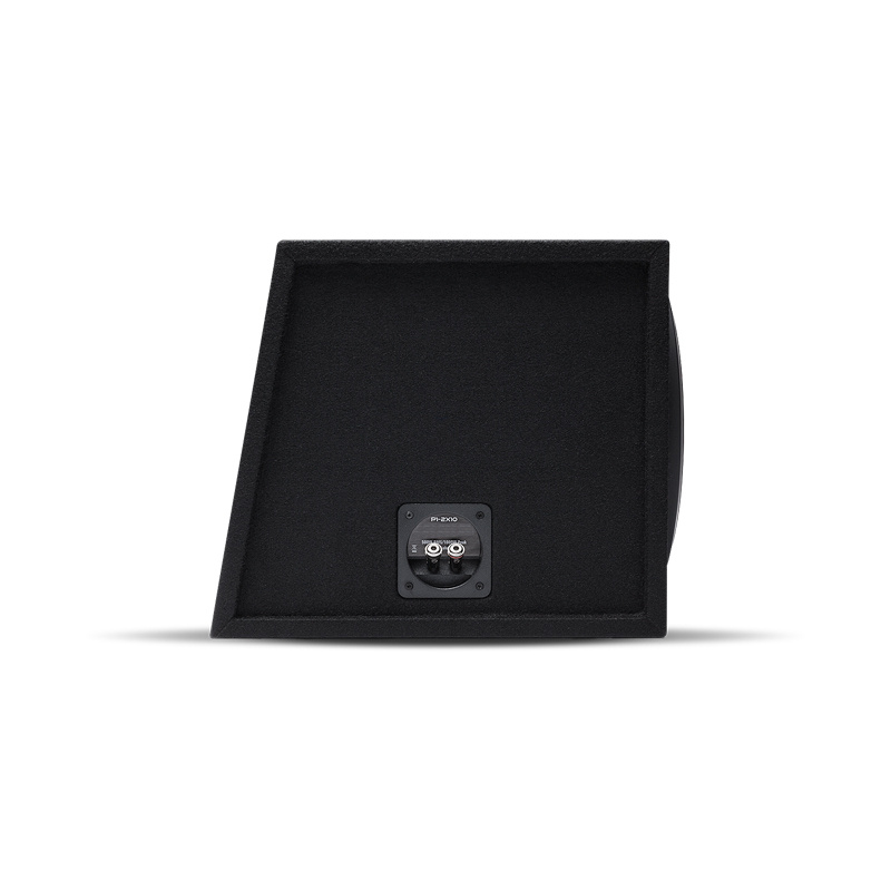 En svart subwooferlåda med anslutningar bak.