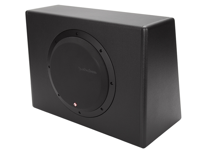 En svart aktiv baslåda med en 10-tums högtalare.