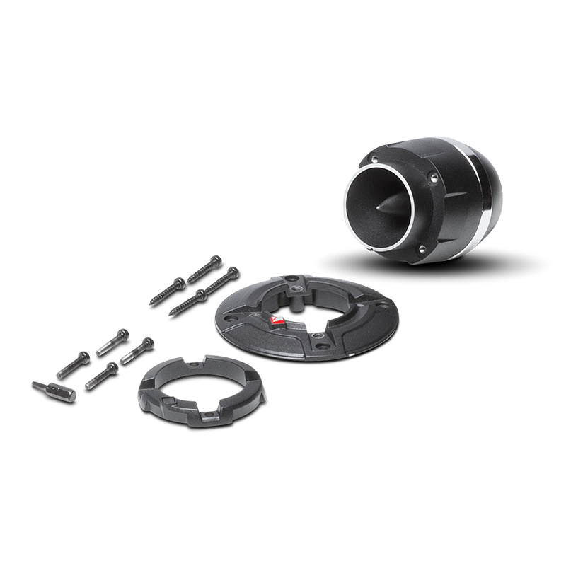 Diskant enhet med fästen och skruvar för installation.