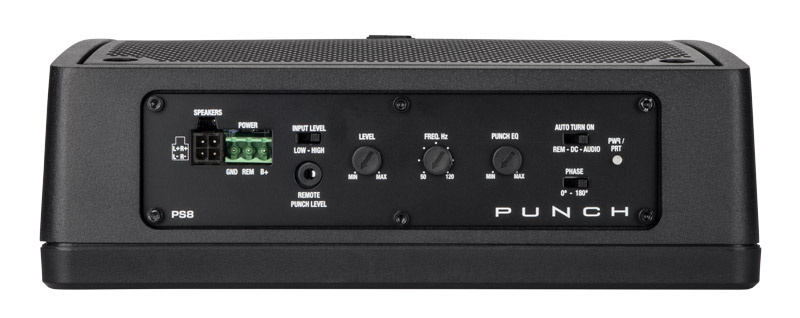 Aktiv baslåda med kontroller för nivå, frekvens och fjärrstyrning.