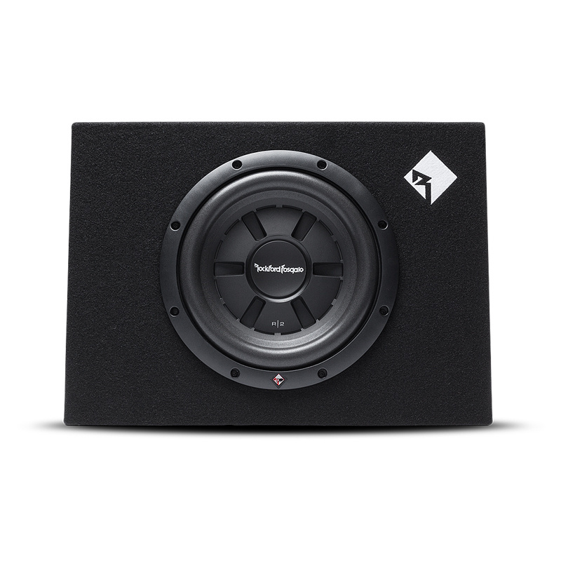 Subwoofer i låda, svart finish, rund högtalare och Rockford Fosgate-logotyp.