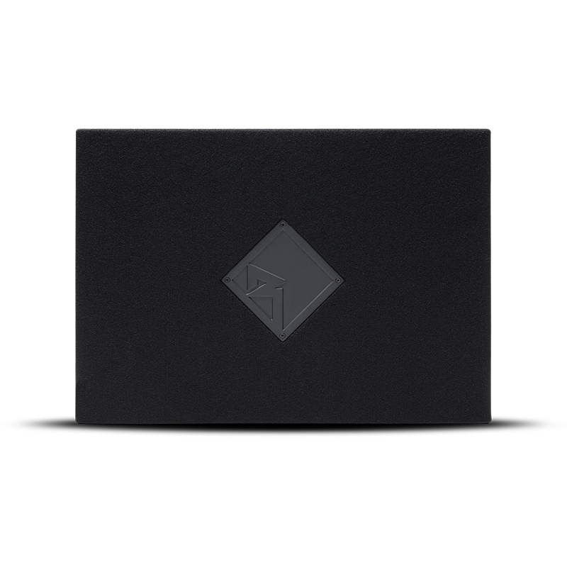 En svart subwooferlåda med en diamantformad logotyp.