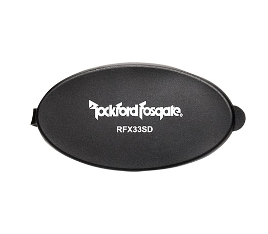 En oval svart mediapanel med Rockford Fosgate-logotyp.