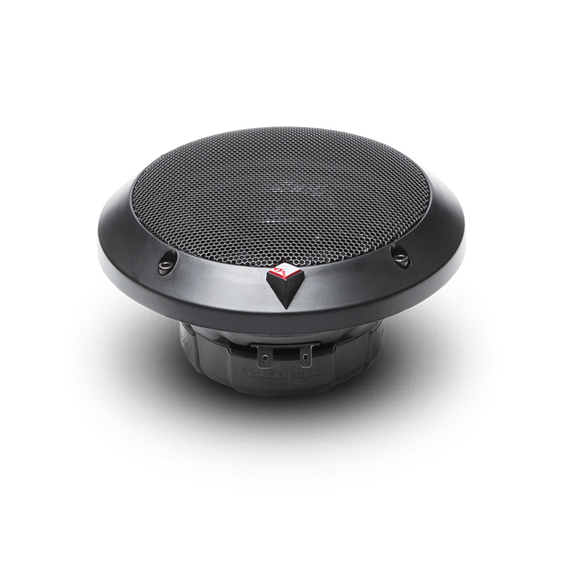 Högtalare med rund form och svart galler, designad för ljudsystem.