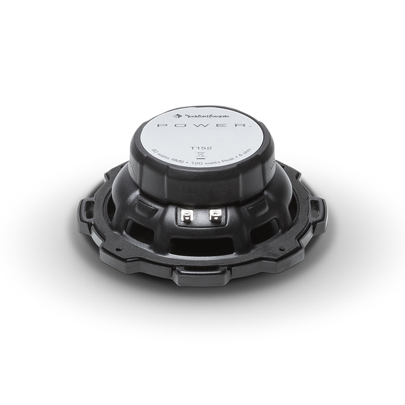 Högtalare med svart plastkonstruktion och märkning ovanpå.