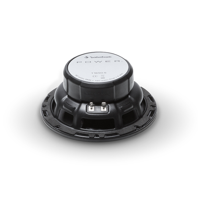 Högtalare från Rockford Fosgate med svart finish och tydlig märkning.