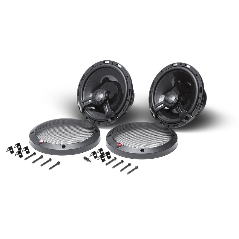 Koaxialhögtalare med svart design och grå galler, inkluderar fästen och skruvar.