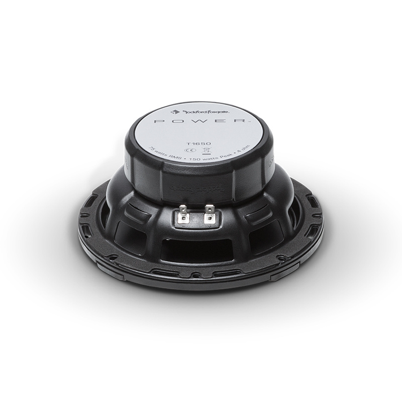 Koaxialhögtalare med 6,5 tum, svart chassi och silverfärgad membran.