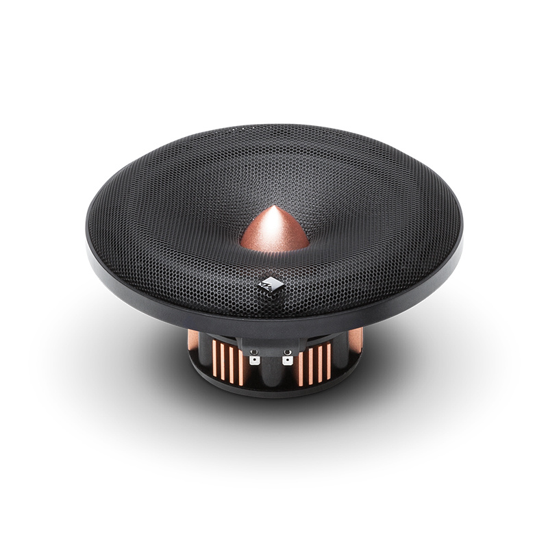 Högtalare med en rund, svart nyans och en kopparfärgad mittpunkt.