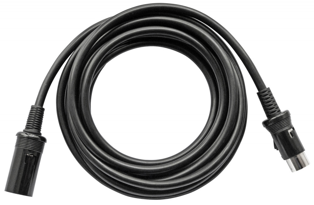 Förlängningskabel, svart, två anslutningspluggar, böjd design.