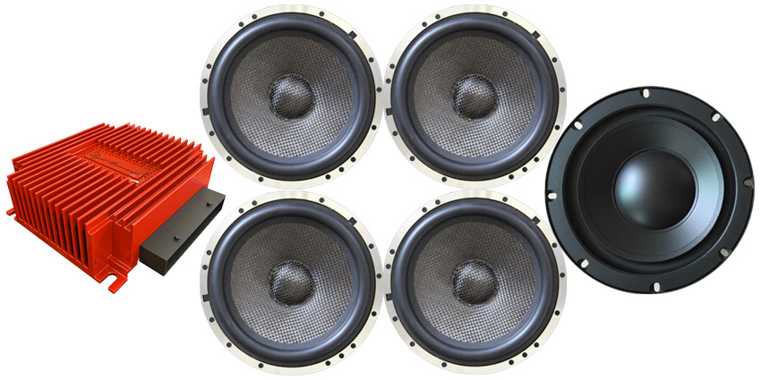 Högtalarpaket med fyra högtalare och en förstärkare för Tesla Model S.