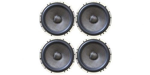 Fyra högtalare med svart kon och silverram för bilsystem.