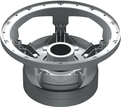 En subwoofer med en robust metallram och central anslutning.