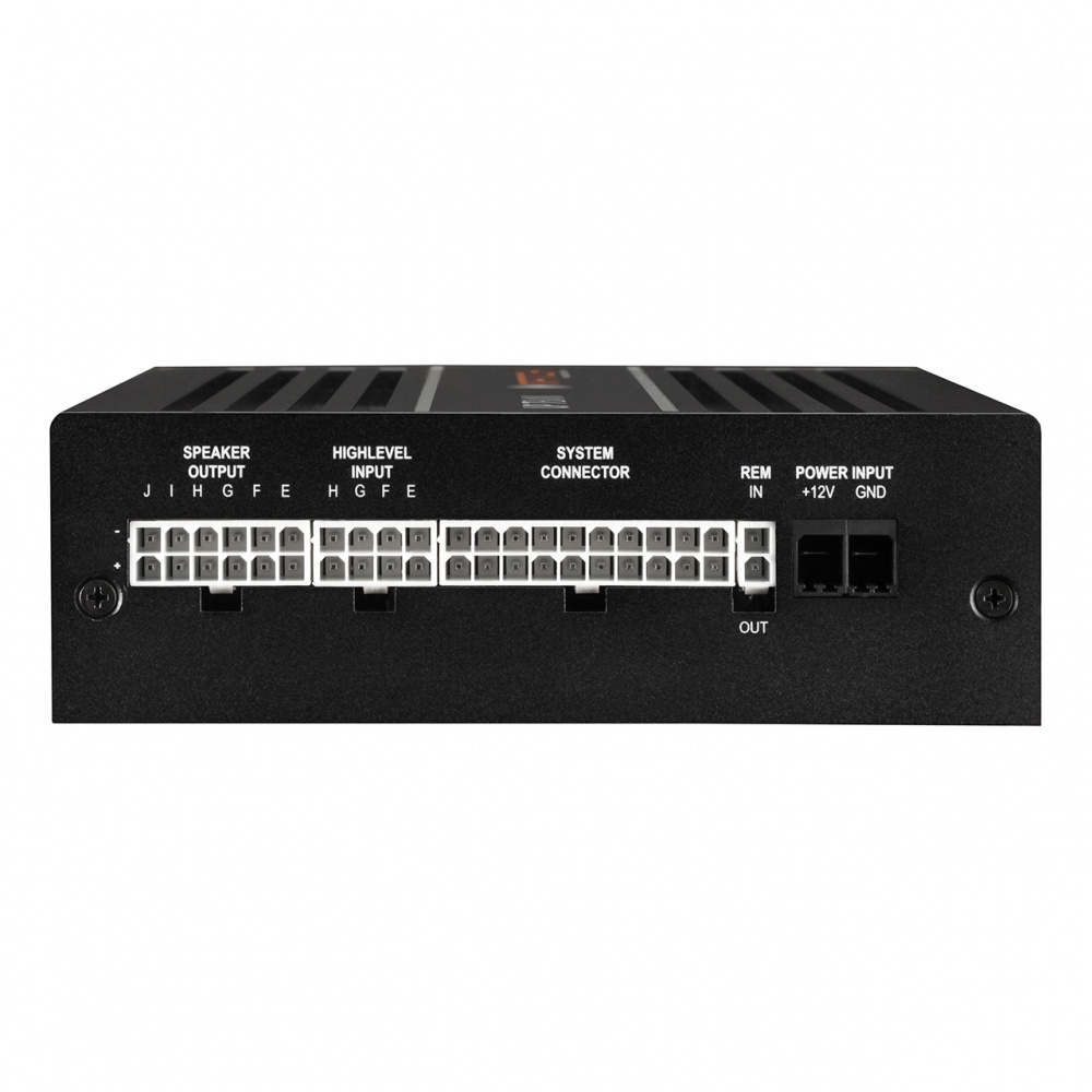 10-kanaligt slutsteg med ljudprocessor, baksidan med anslutningar och portar.