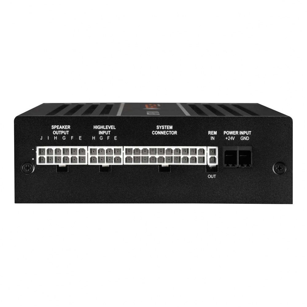 10-kanaligt slutsteg med ljudprocessor, svart med anslutningar på baksidan.