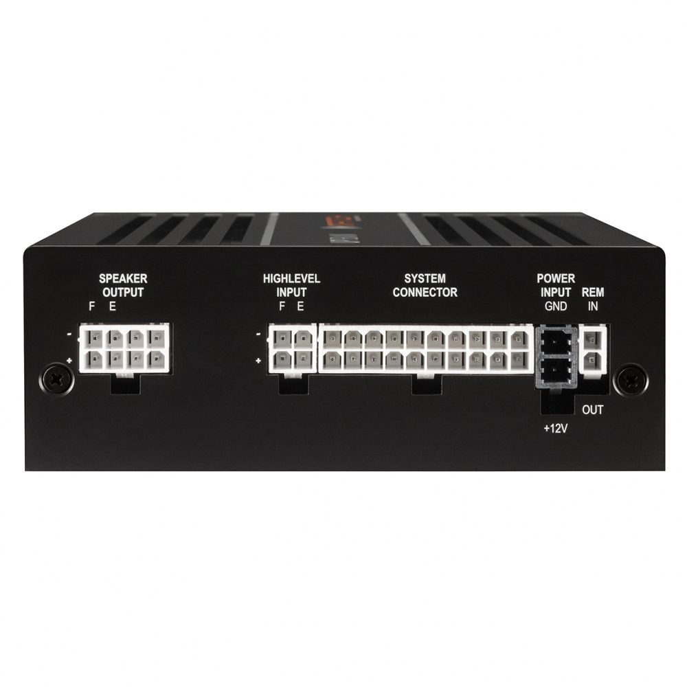 En svart ljudprocessor med flera anslutningar på baksidan.