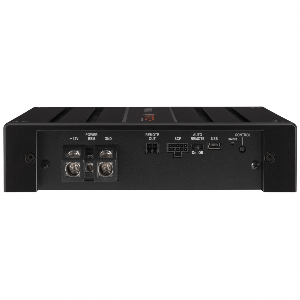 En svart ljudprocessor med olika anslutningar för installation.