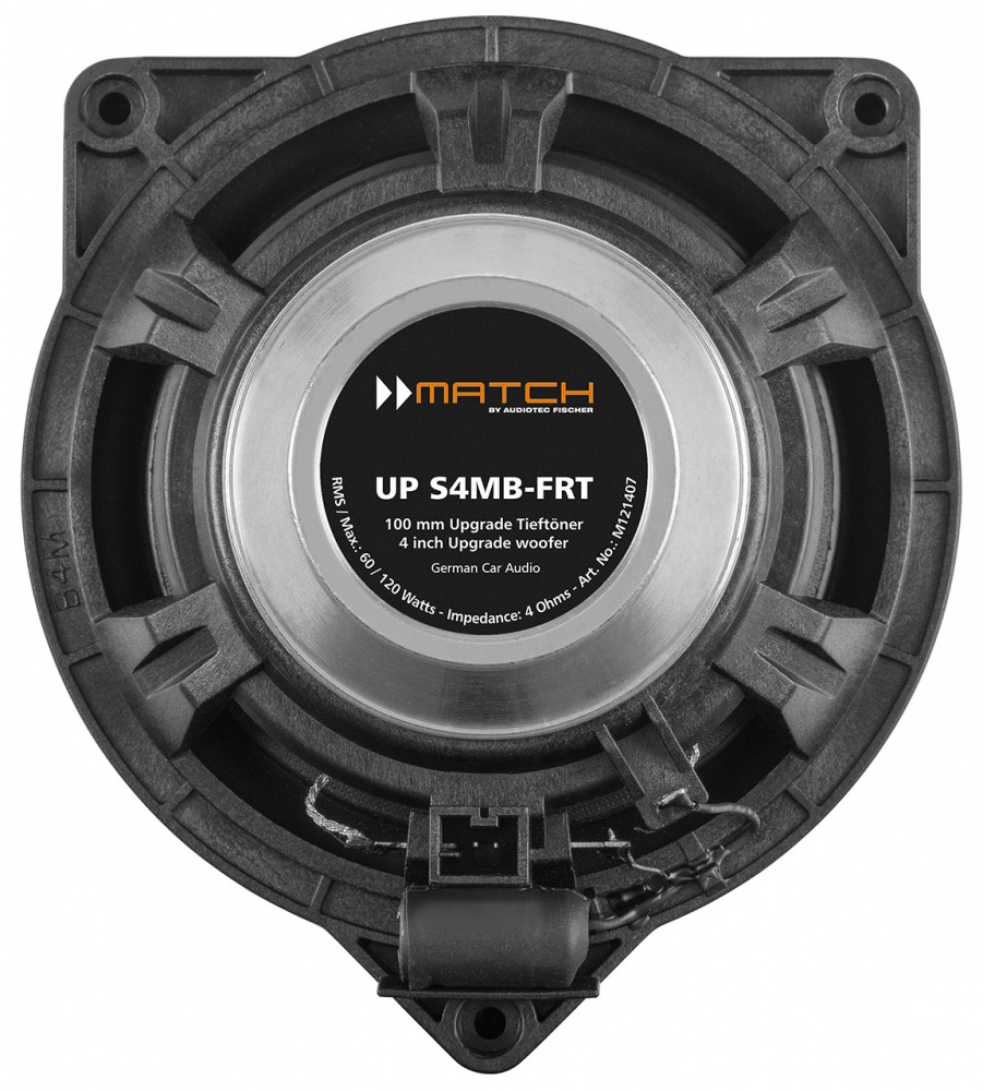 Woofer med en rund högtalarkonstruktion och centralt märke.