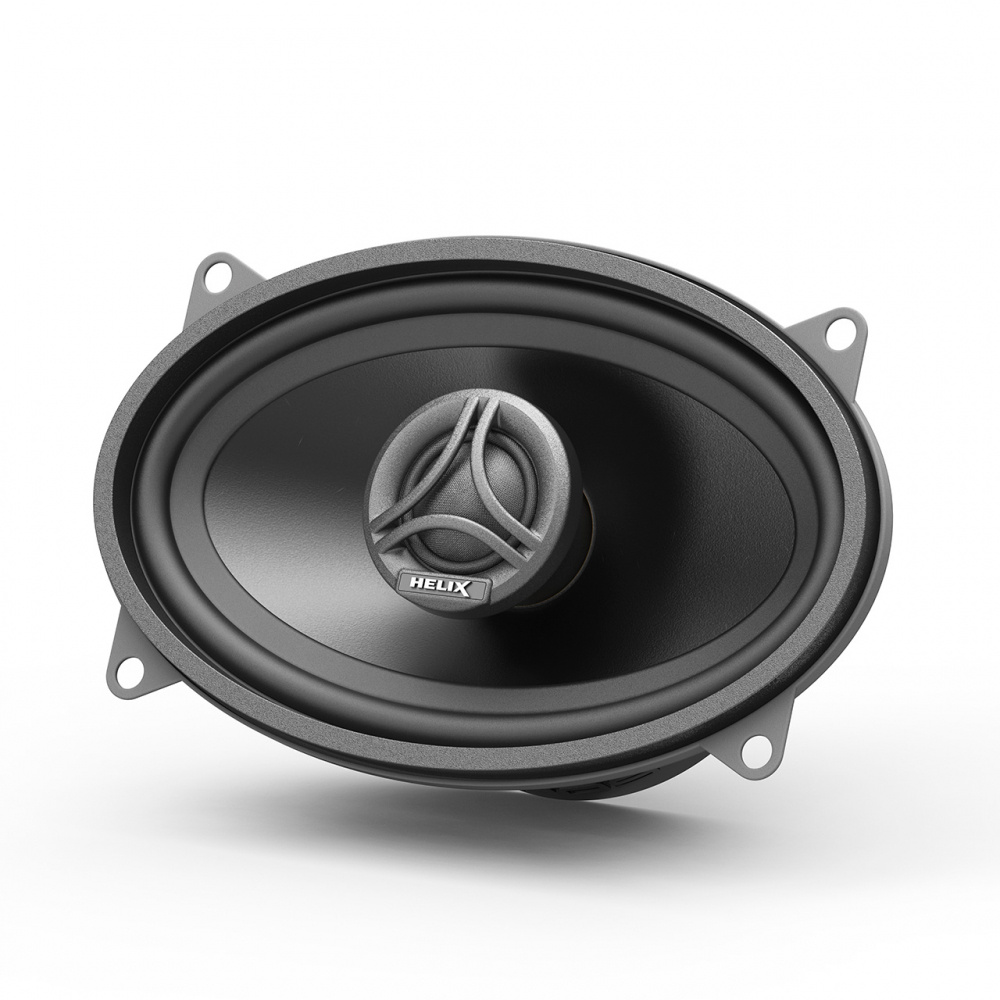 Koaxialhögtalare med oval form och central diskant, svart finish.