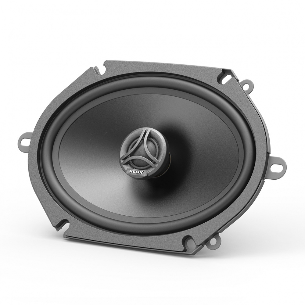 Koaxialhögtalare med oval design, svart yta och central diskant.