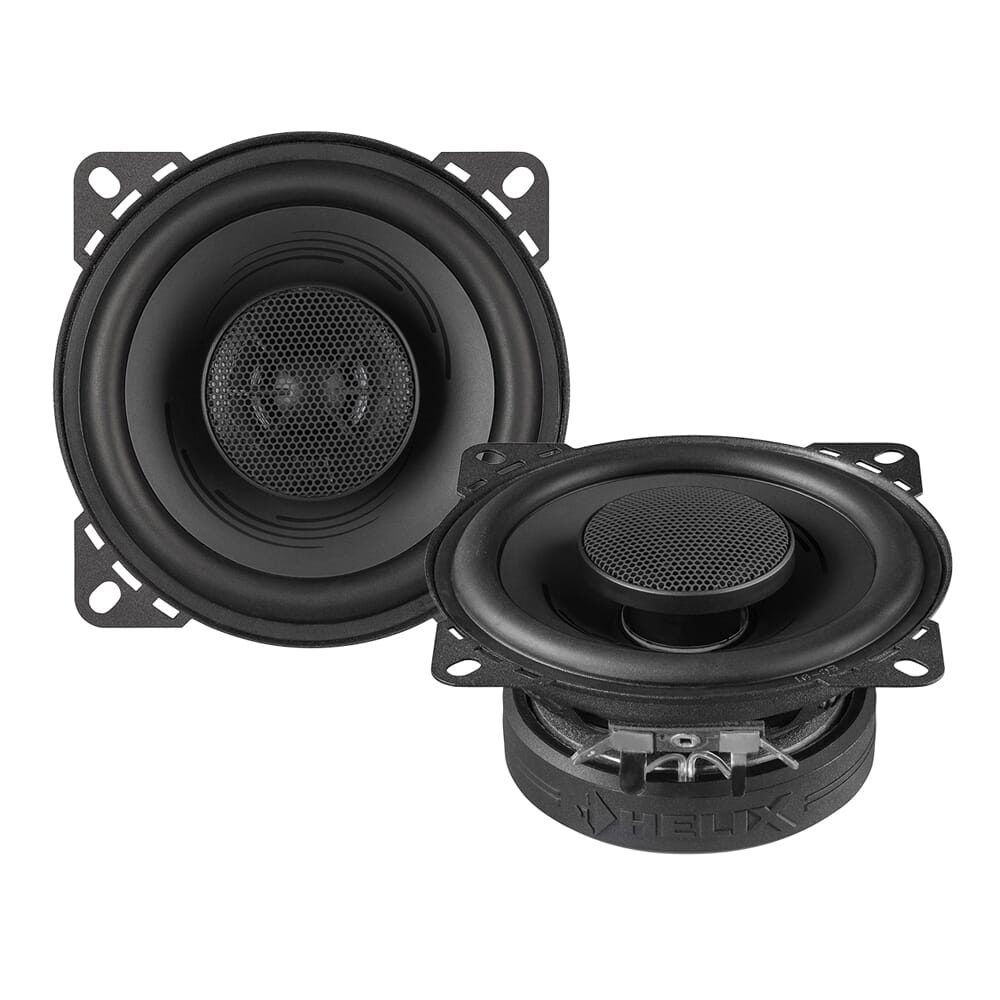 Två svarta 4-tums koaxialhögtalare från Helix.