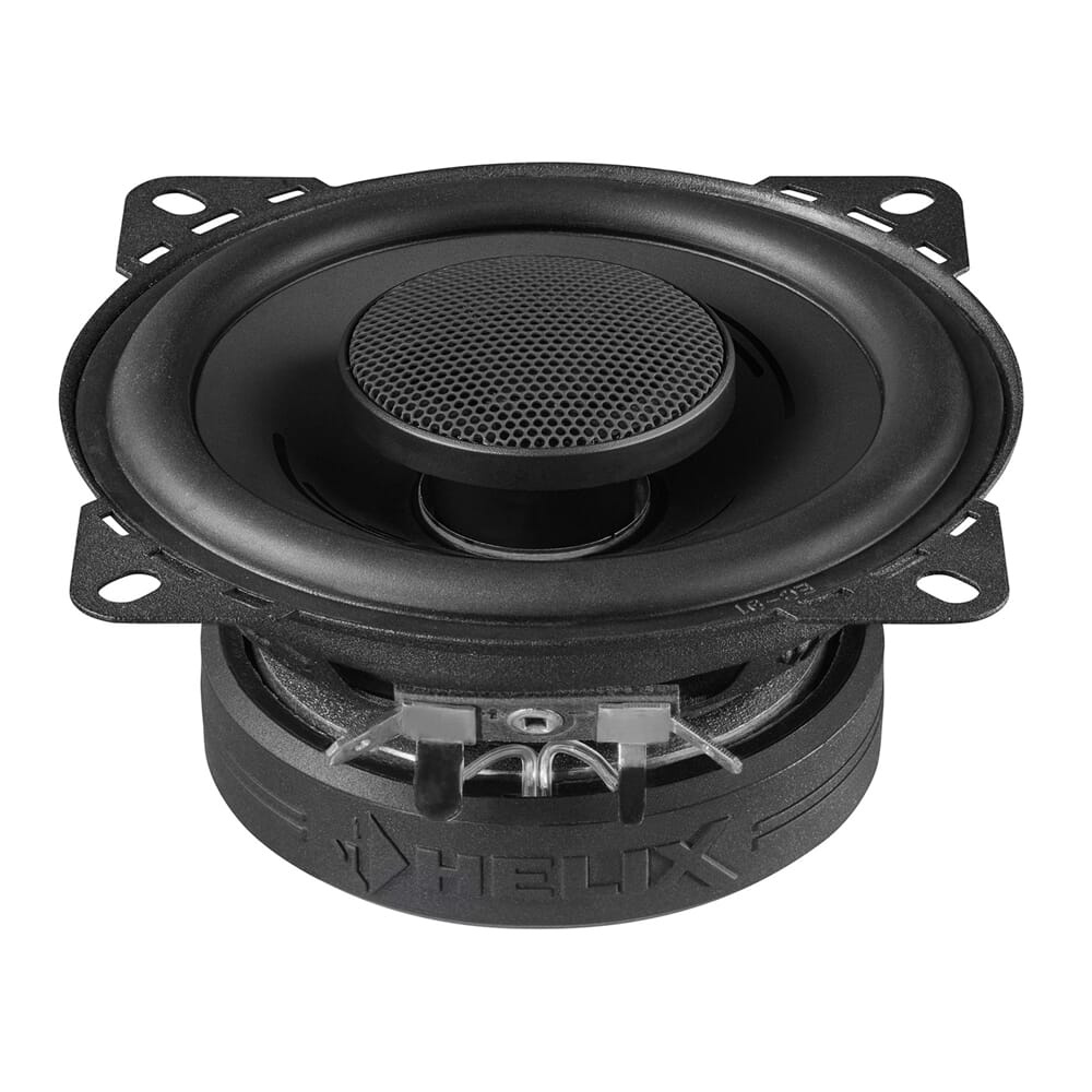 Koaxialhögtalare med svart design och galler, 4 tum i diameter.