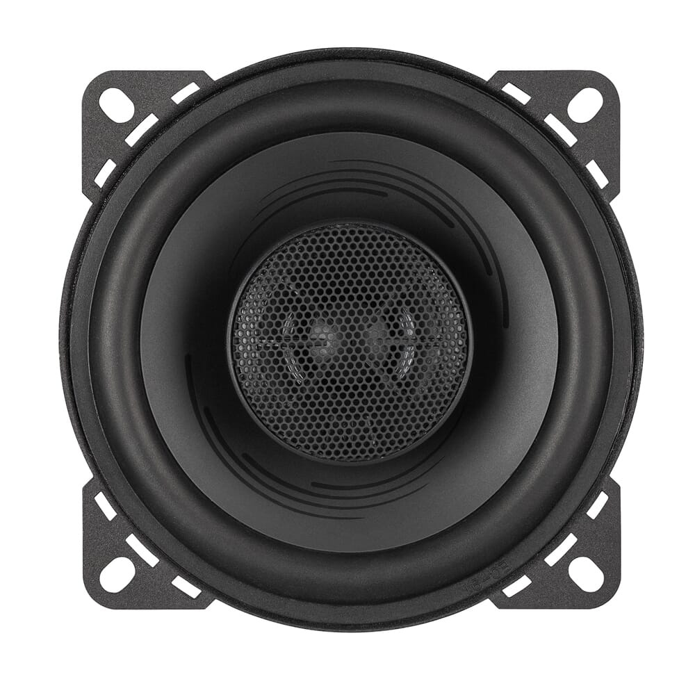 En 4-tums koaxialhögtalare med svart design och galler.