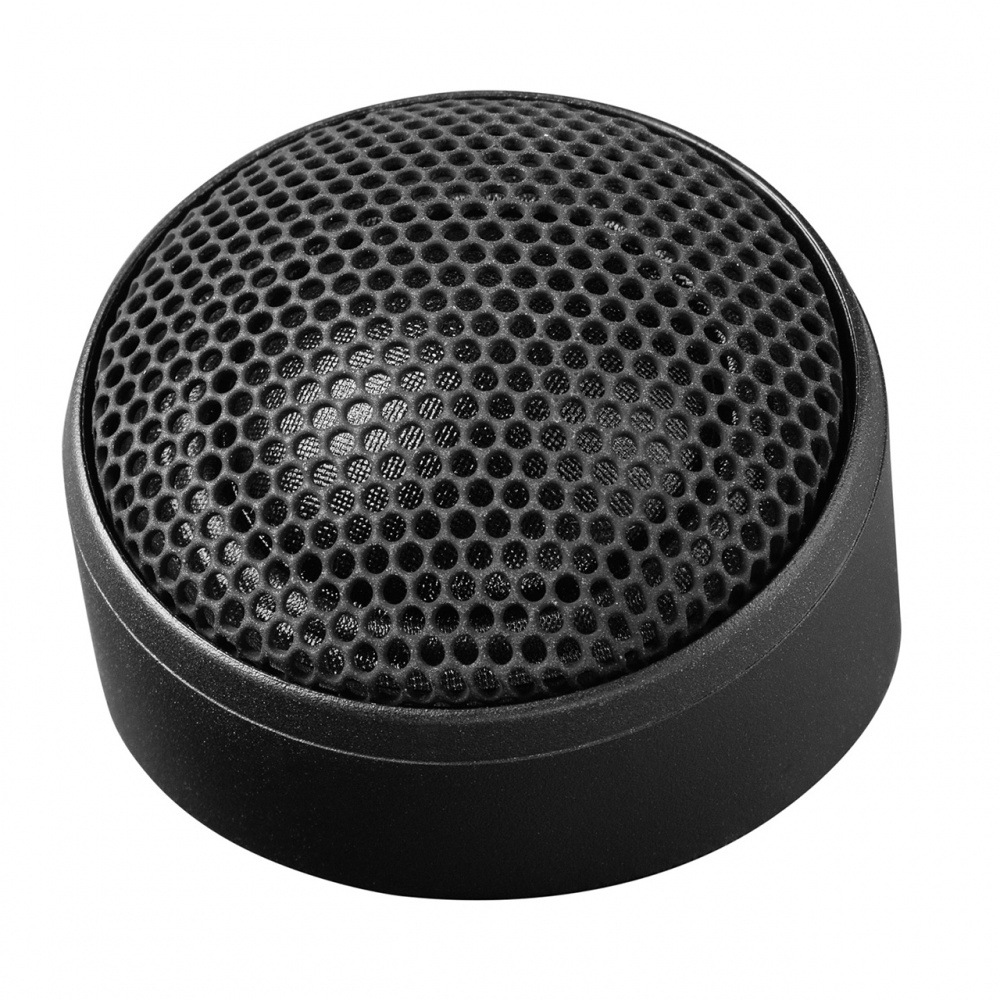 En rund diskanthögtalare med svart nätgaller.
