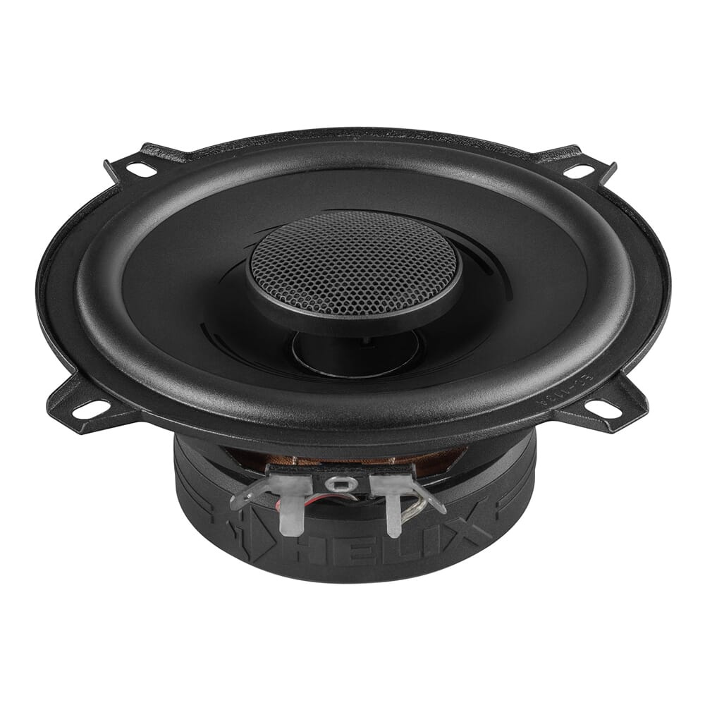 En rund koaxialhögtalare med en svart front och mesh-galler.