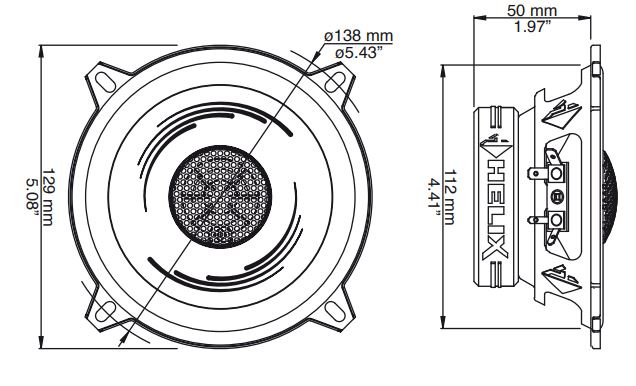 En koaxialhögtalare med dimensioner och detaljerade mått.