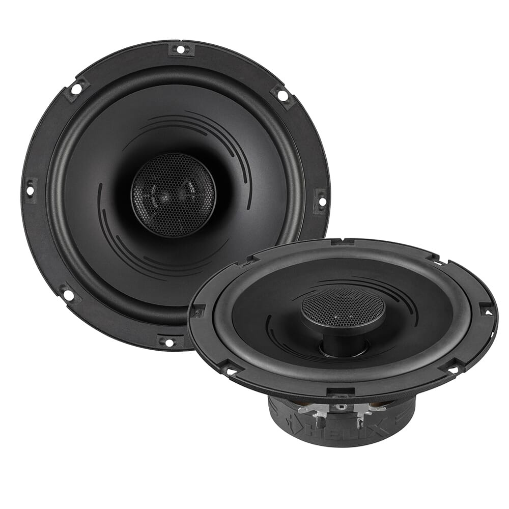 Koaxialhögtalare med svart kåpa och galler, 6.5 tum storlek.