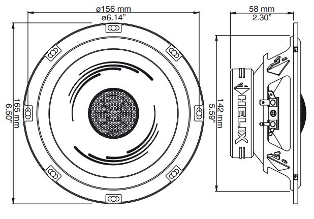 Koaxialhögtalare med diameter 6,5 tum, dimensioner och detaljerade mått.