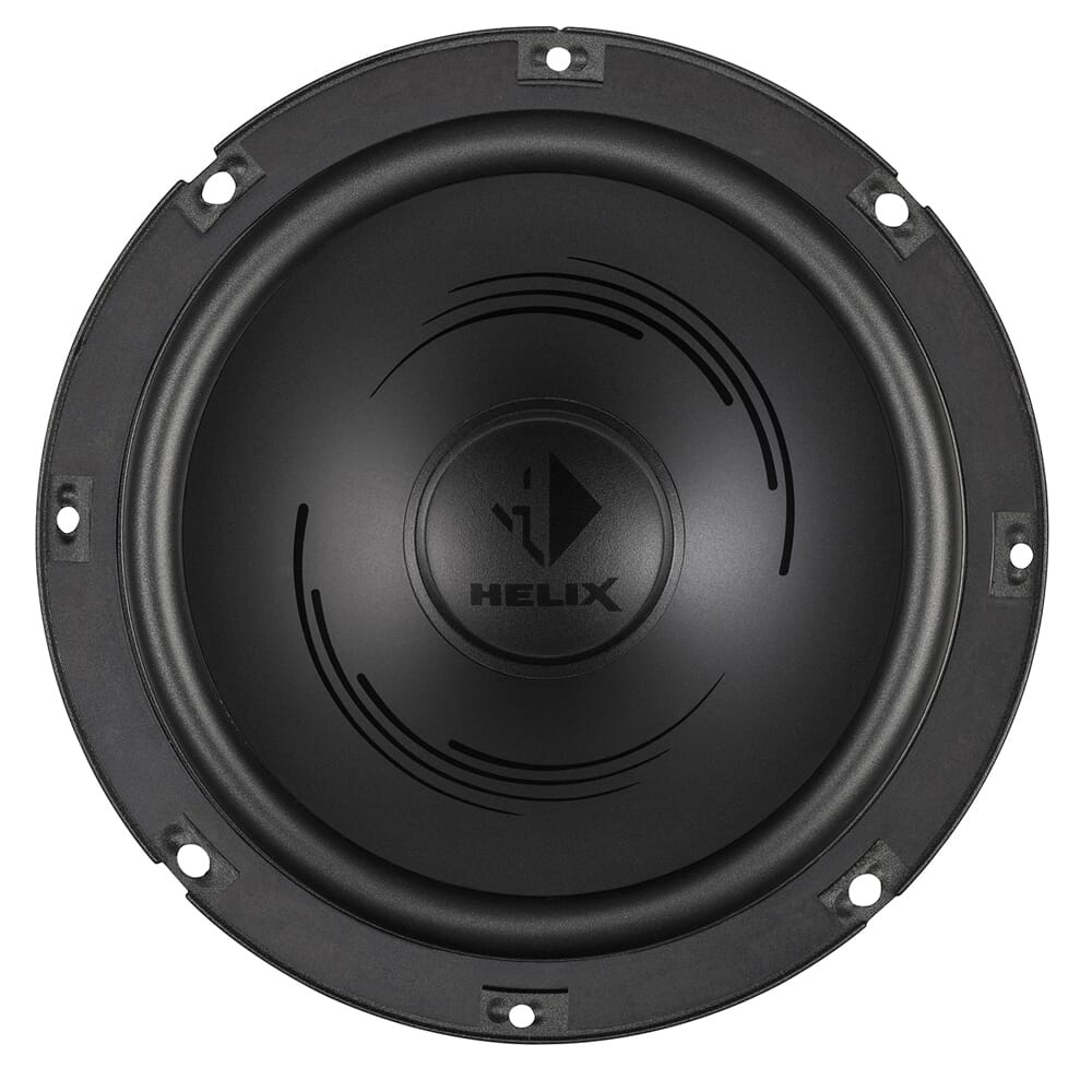 Högtalare med rund svart kår och Helix-logga i mitten. Fraktskada synlig.