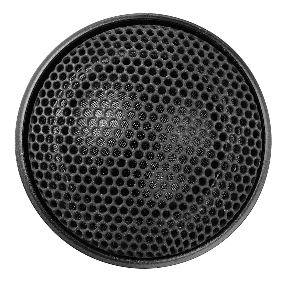 En svart högtalartopp med nätstruktur.